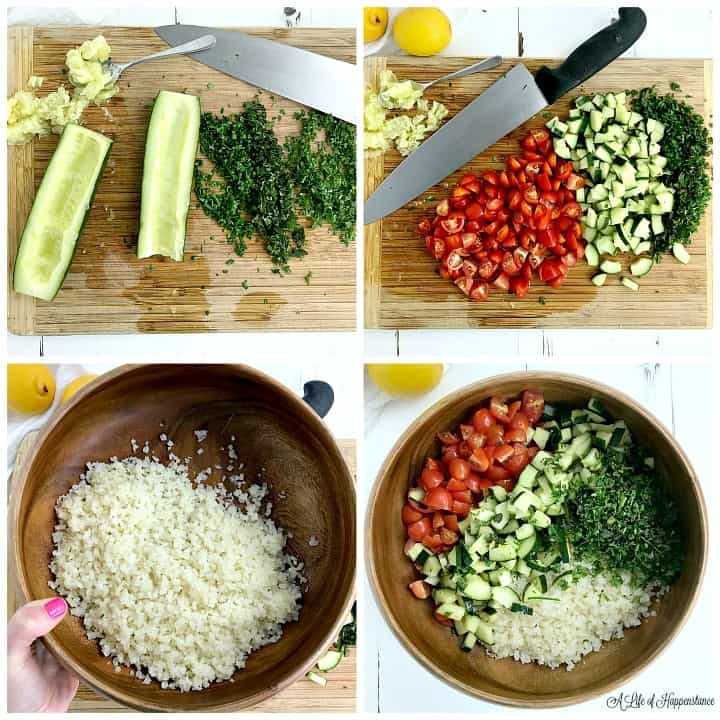 A collage showing how to chop and assemble the salad. 