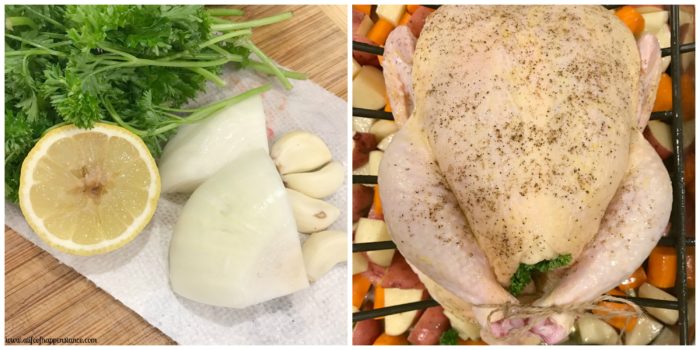 Two pictures showing the ingredients for stuffing the chicken and the chicken stuffed.