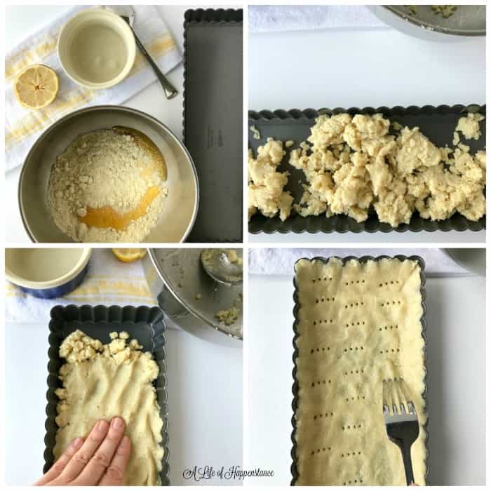 Collage of four photos showing how to make the almond flour tart crust. 