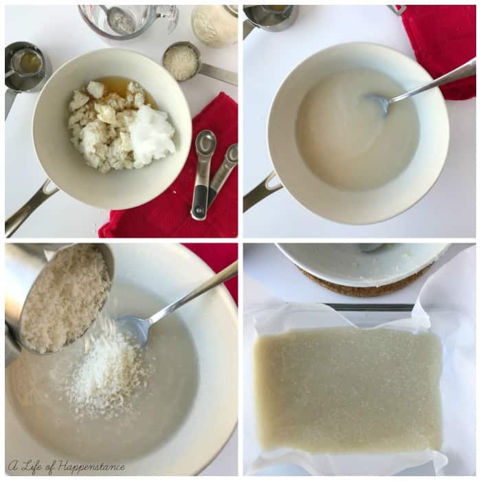 Collage of four photos showing how to melt the mixture and pour it into the baking dish. 