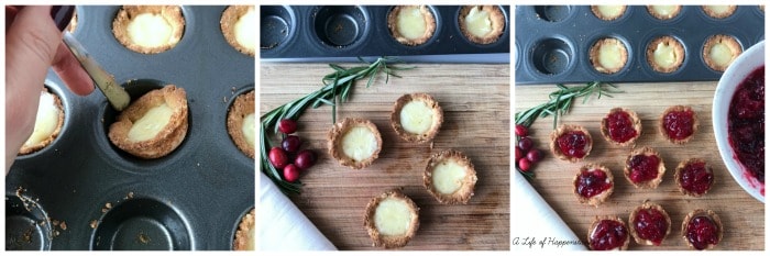 A collage showing to remove the tarts from the pan and fill with the cranberry sauce.