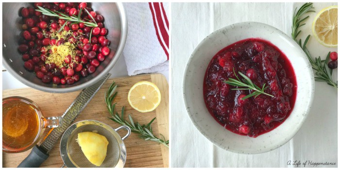 Two photos showing how to make the honey cranberry sauce.