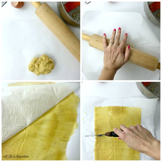 A collage of four photos showing how to roll out the dough and cut into squares.