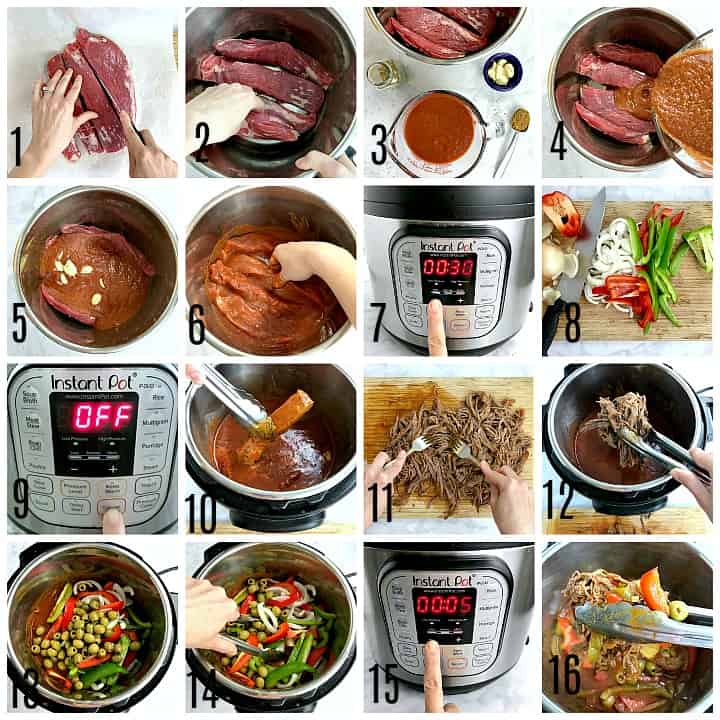 A collage showing how to make the ropa vieja recipe.
