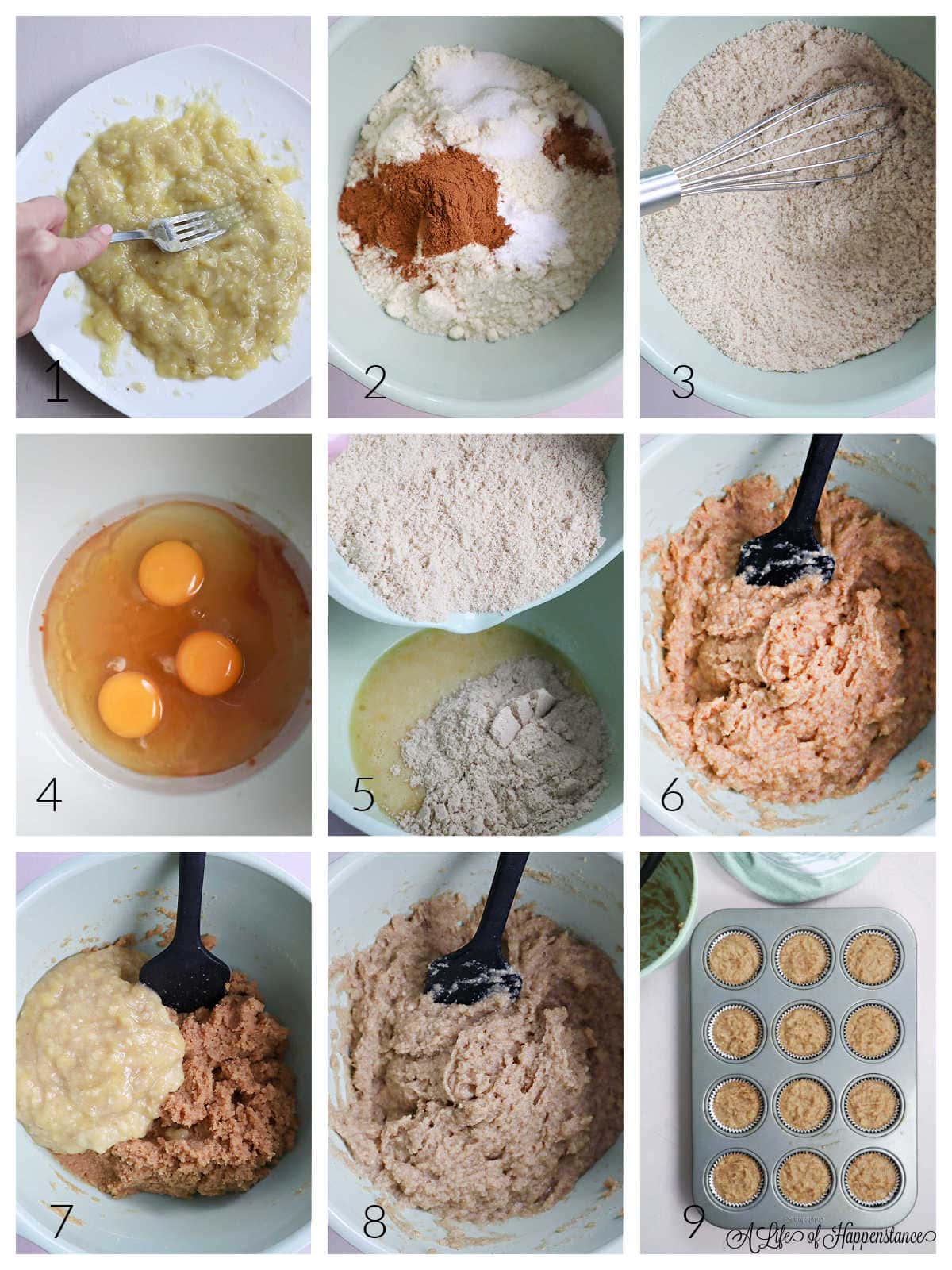 A collage showing how to make the muffin batter.