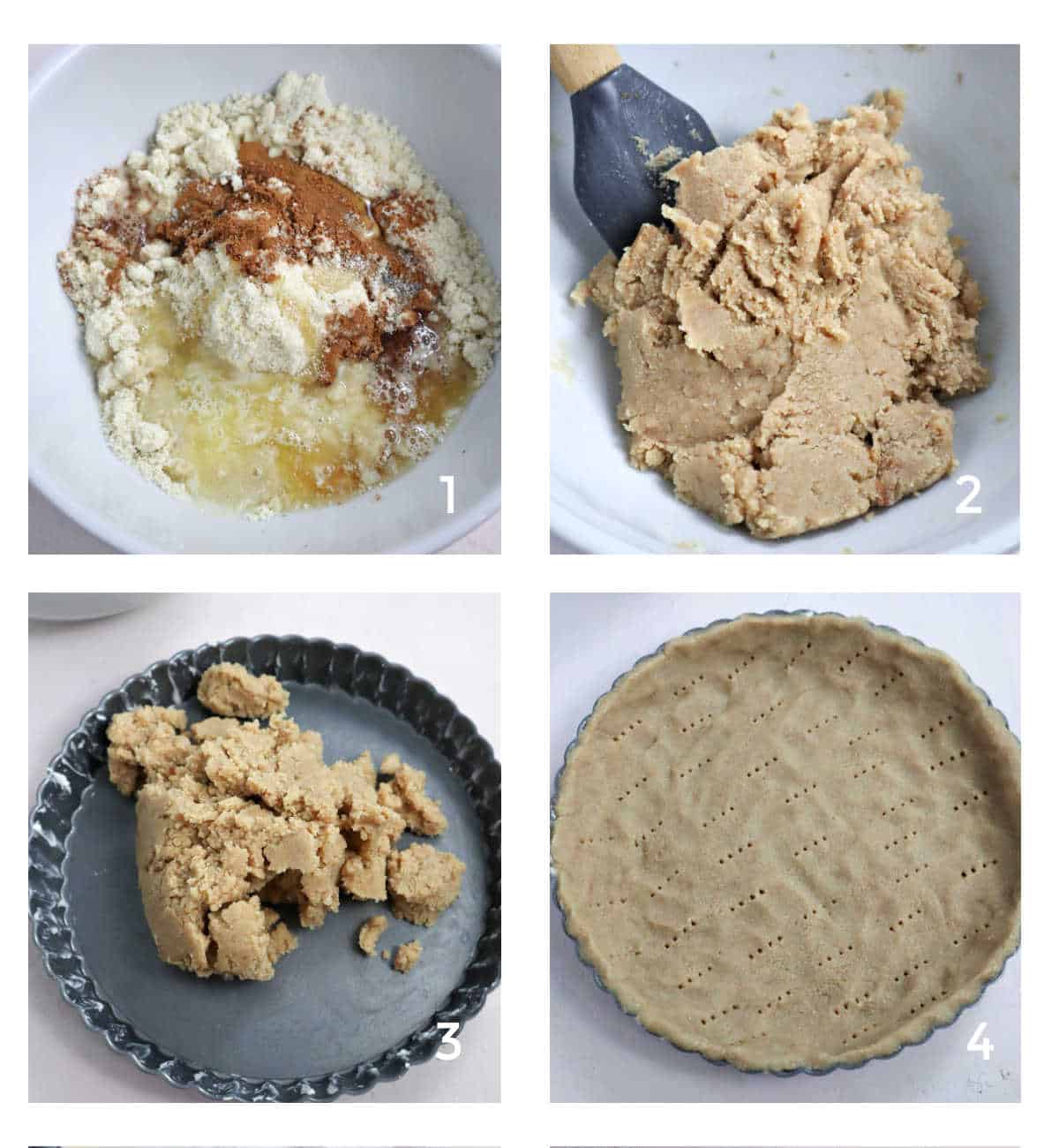 A four photo collage showing how to make the dough and press it into a tart pan.