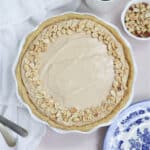 The creamy peanut butter pie on a table.