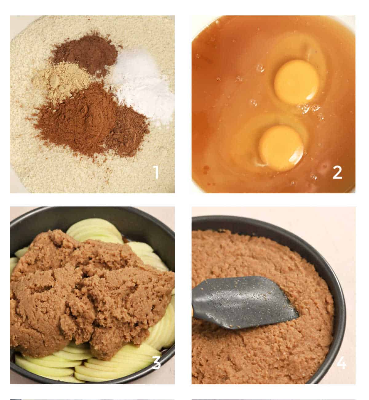 A four photo collage showing how to make the cake batter.